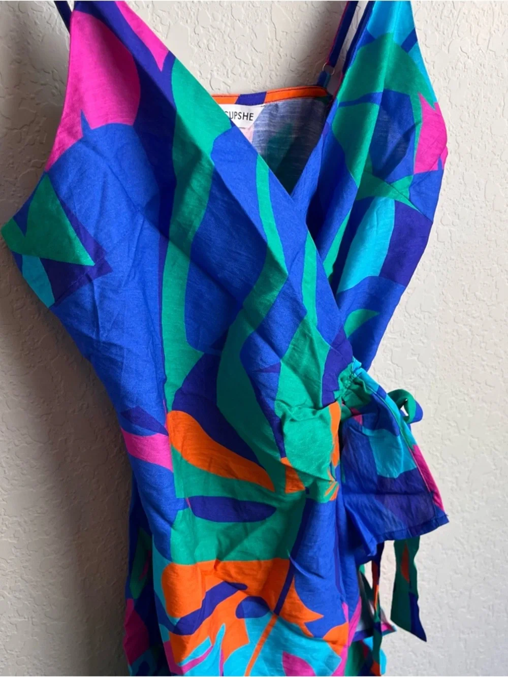 Cupshe Papaya Pop Tropical Mini Wrap Dress Small S Blue Green Print NWT Womens - Picture 8 of 15